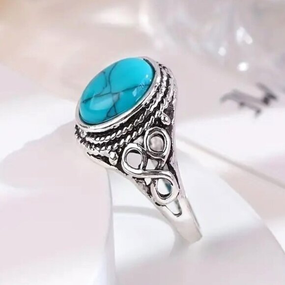 Ring Turquoise Inlaid SIlver Sz 8 Boho Native stone Trendy Stylish Southwest NEW - Picture 3 of 4